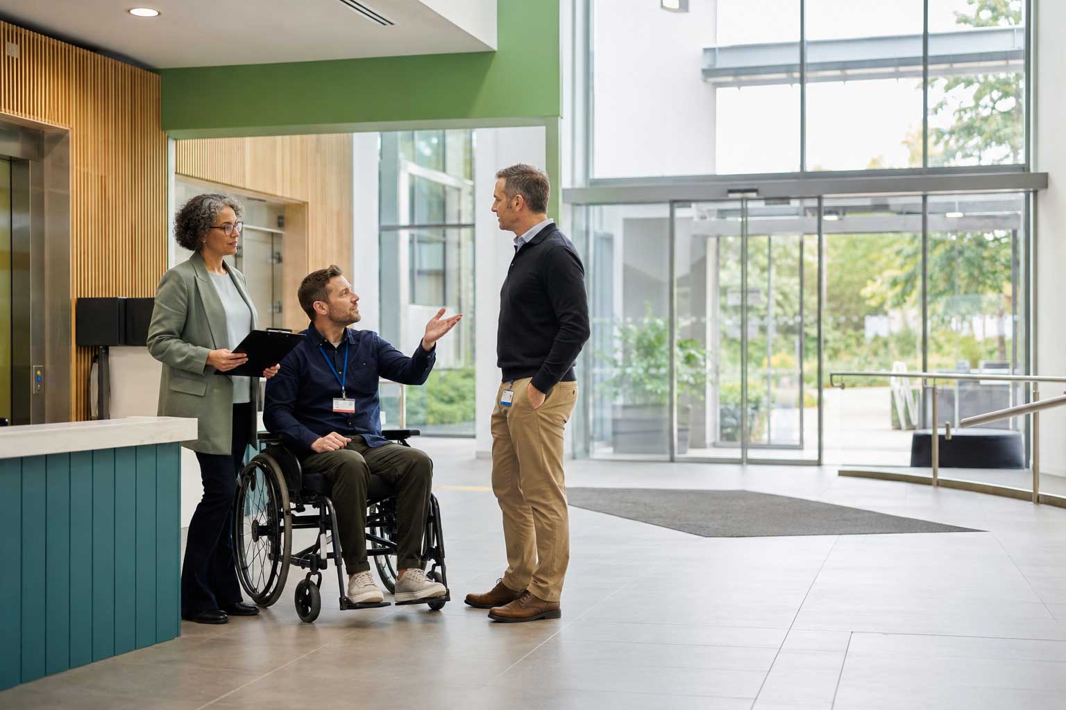 Accessibility consultant reviewing a modern public building with a wheelchair user and facilities manager, discussing inclusive access improvements in a bright reception area.
